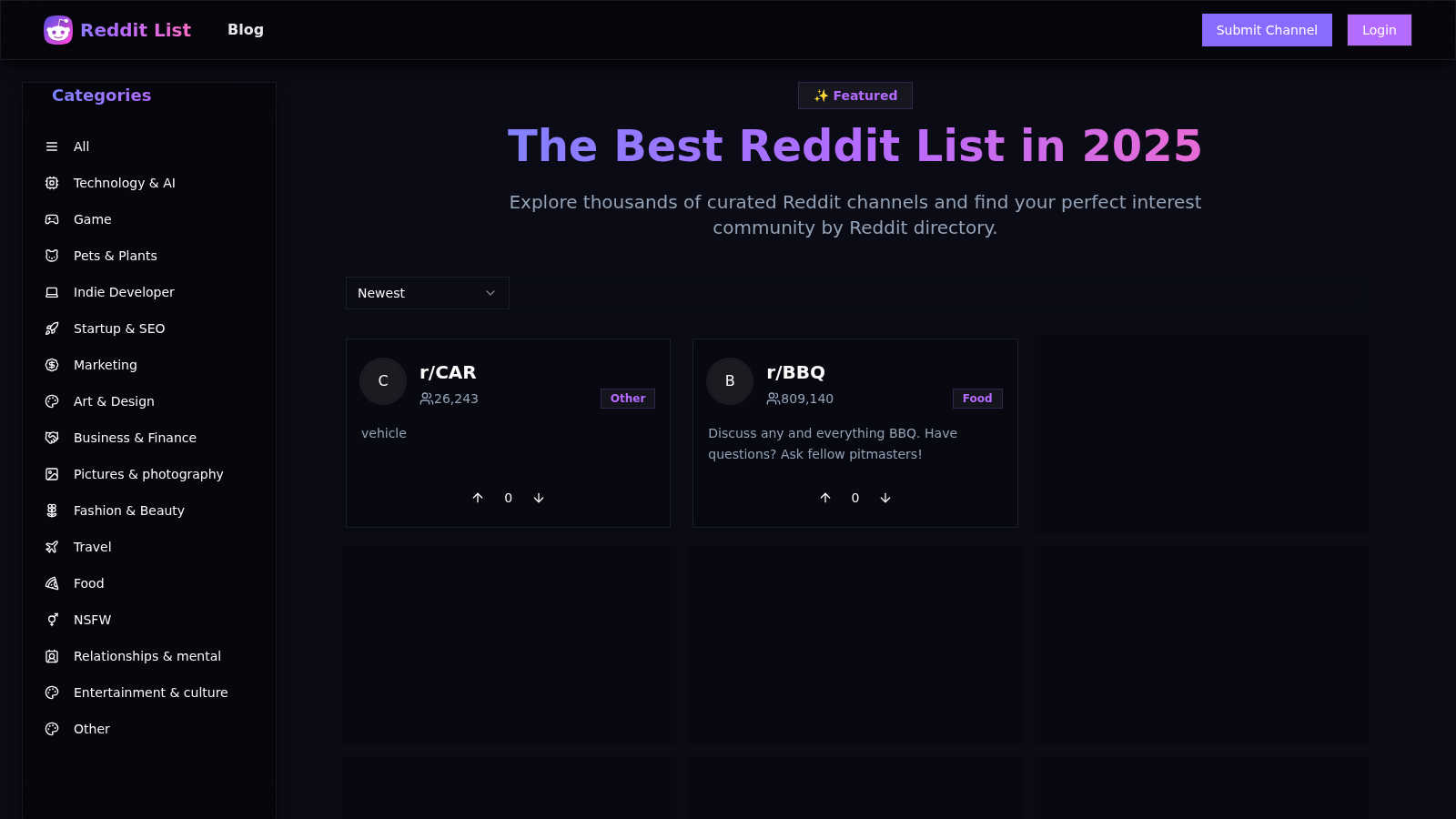 Reddit List application interface and features