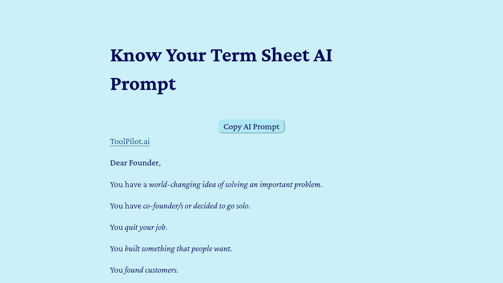 Know Your Term Sheet application interface and features
