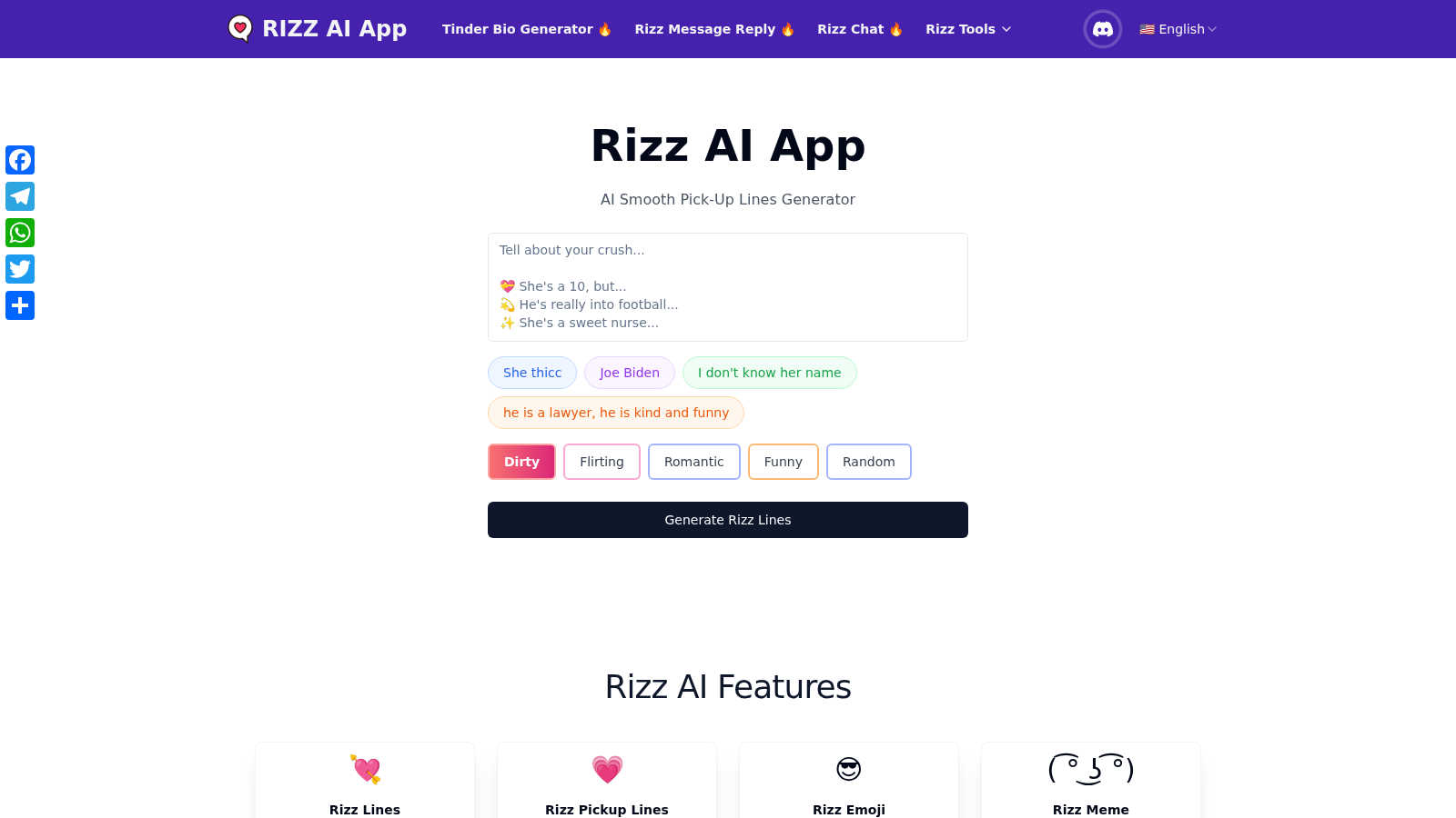 Rizz Lines AI application interface and features