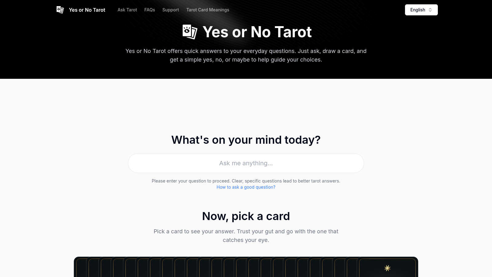 Yes or No Tarot application interface and features