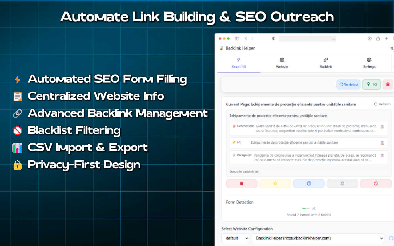 BacklinkHelper application interface and features