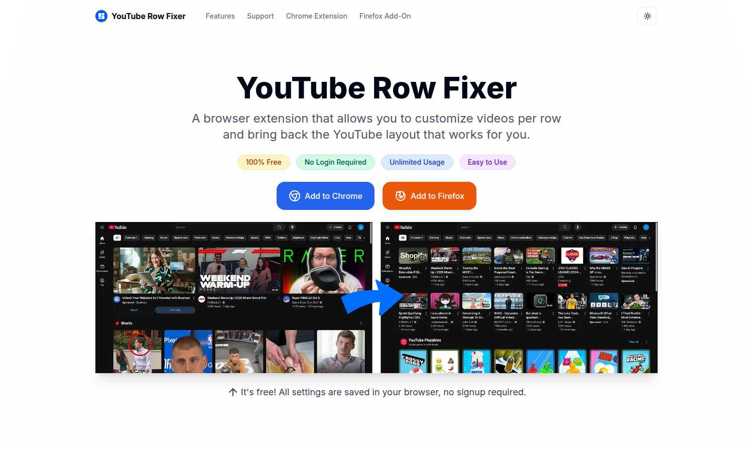 YouTube Row Fixer application interface and features