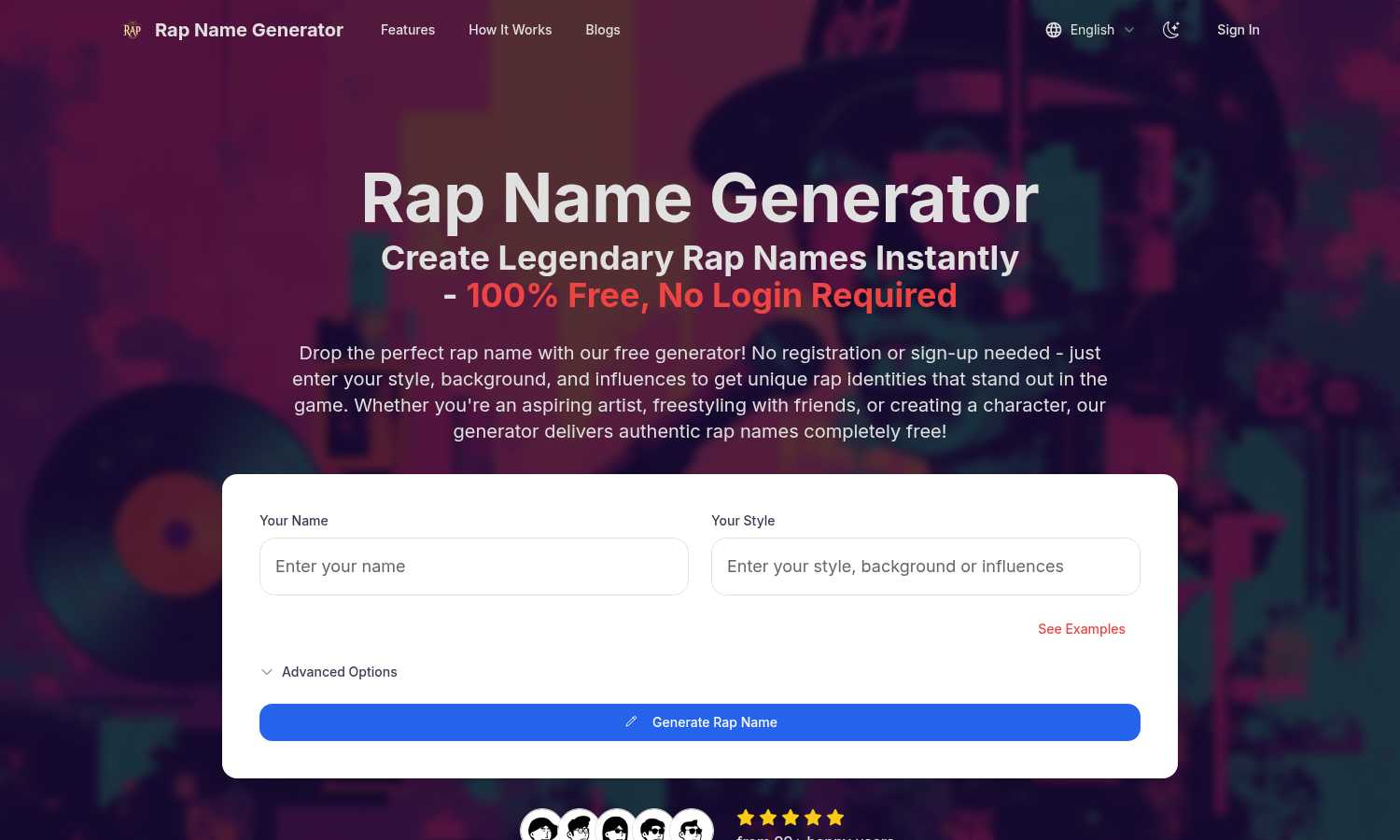 Rap Name Generator application interface and features