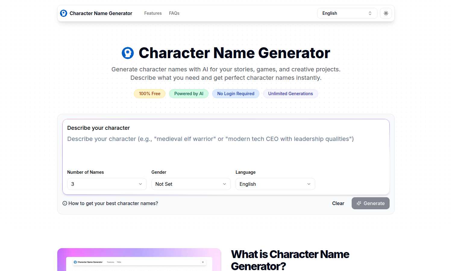 Character Name Generator application interface and features