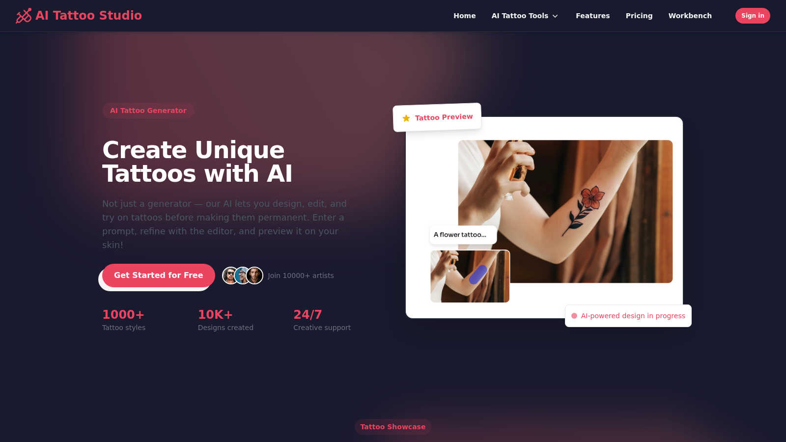 AI Tattoo Studio application interface and features