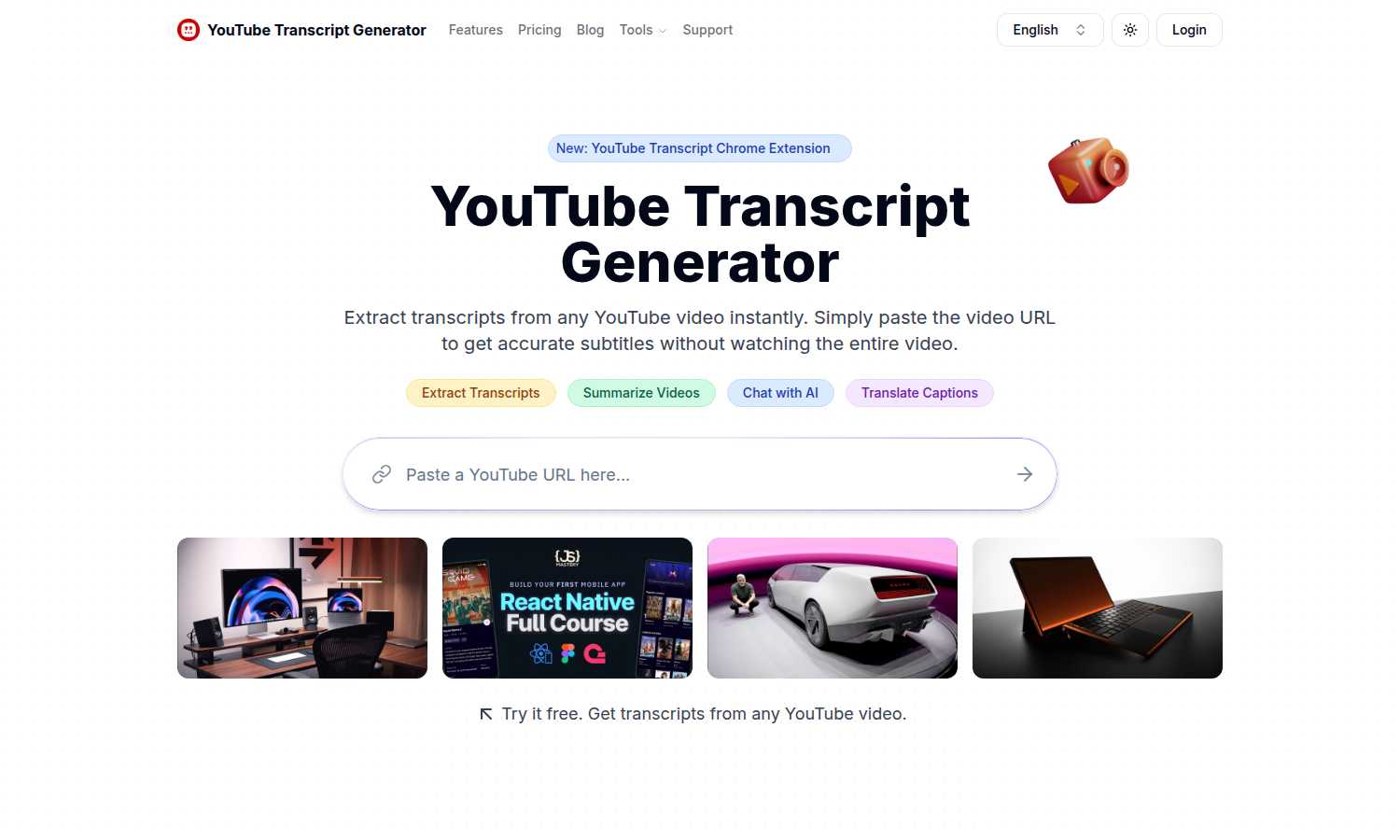 YouTube Transcript Generator application interface and features