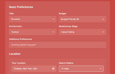 Date Idea Generator application interface and features