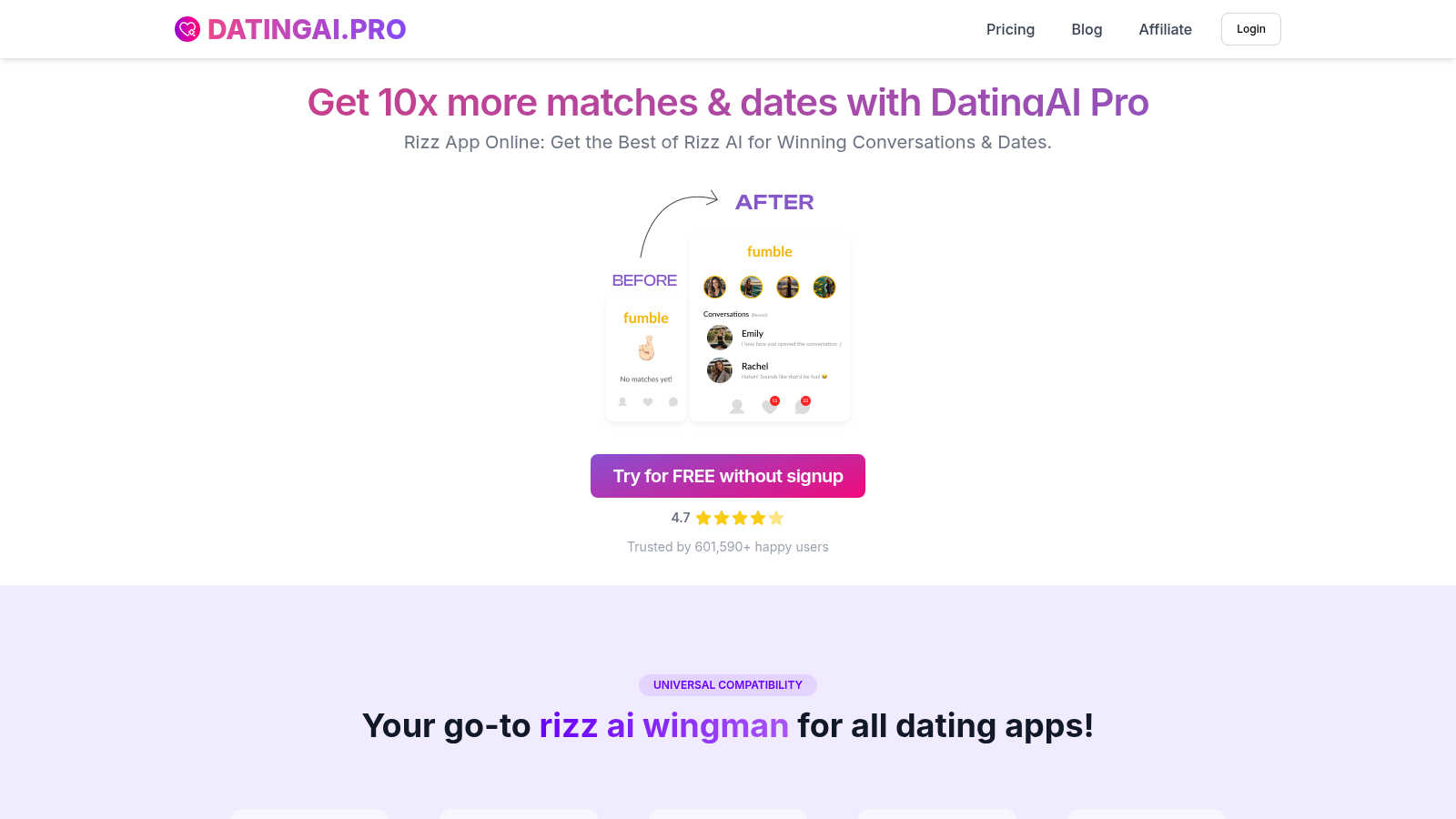 Dating AI Pro application interface and features