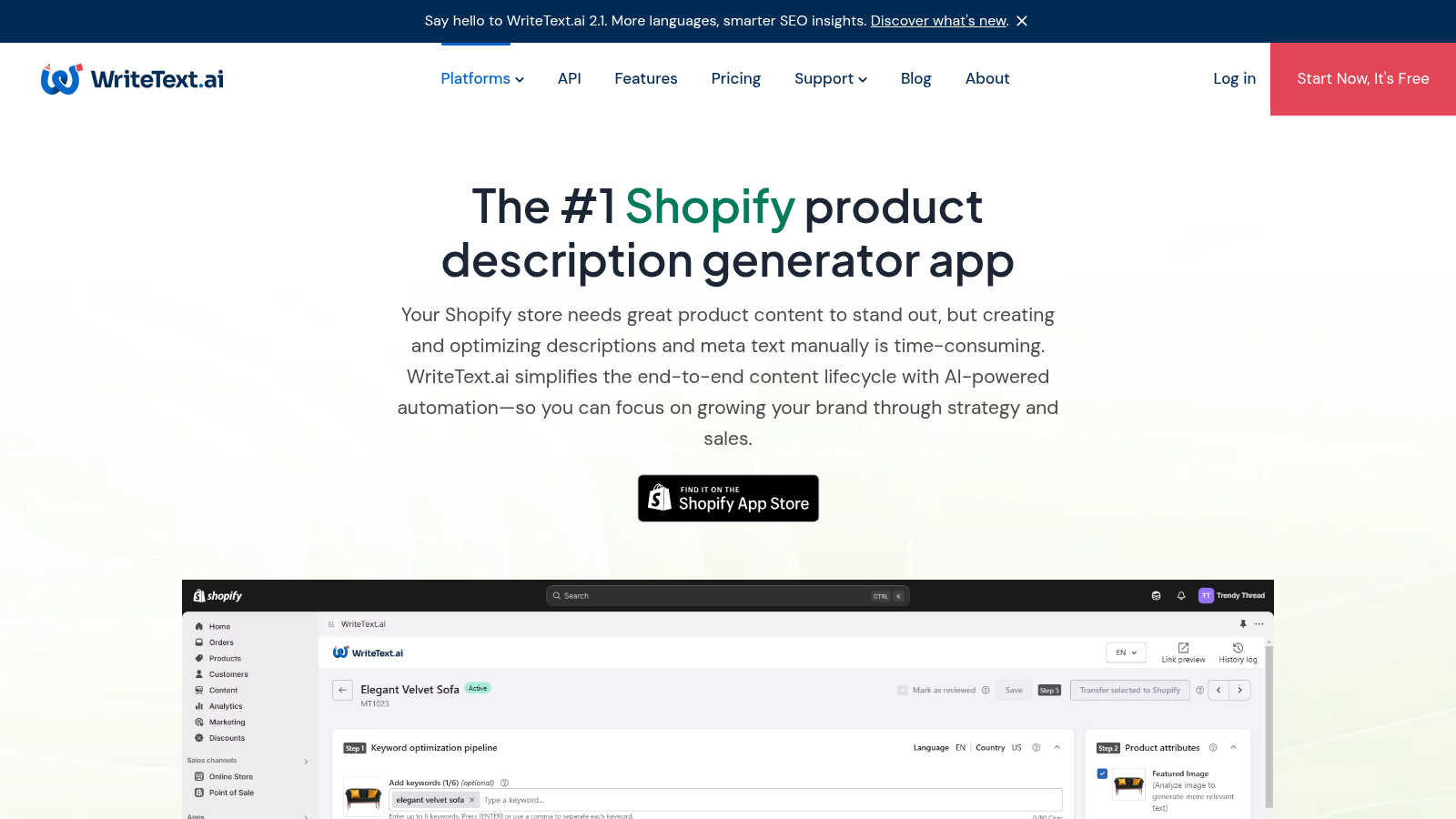 WriteText.ai for Shopify application interface and features
