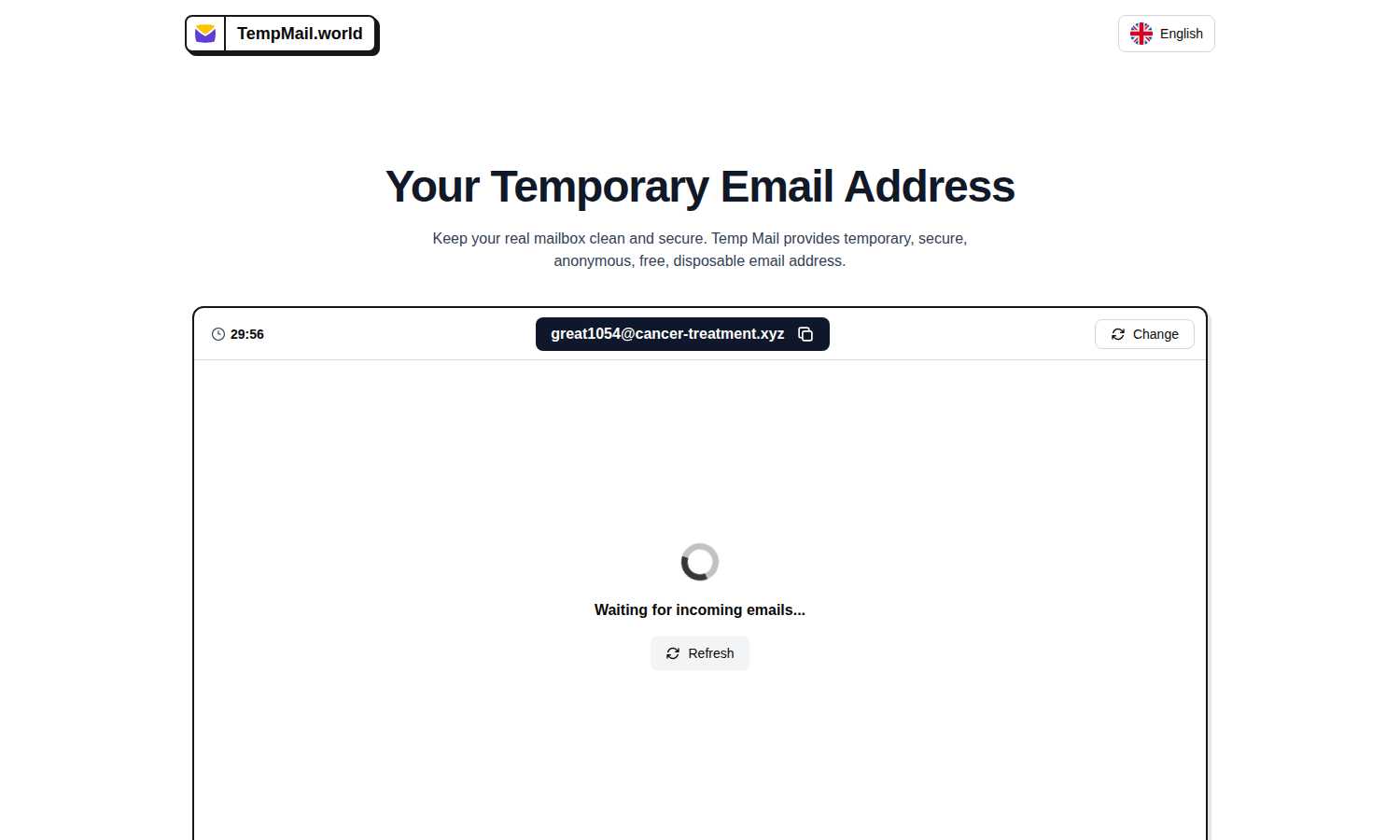 Tempmail.world application interface and features