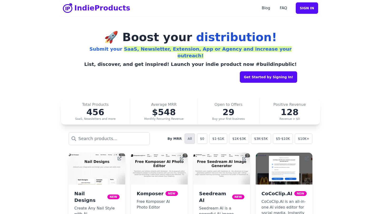 Indie Products application interface and features