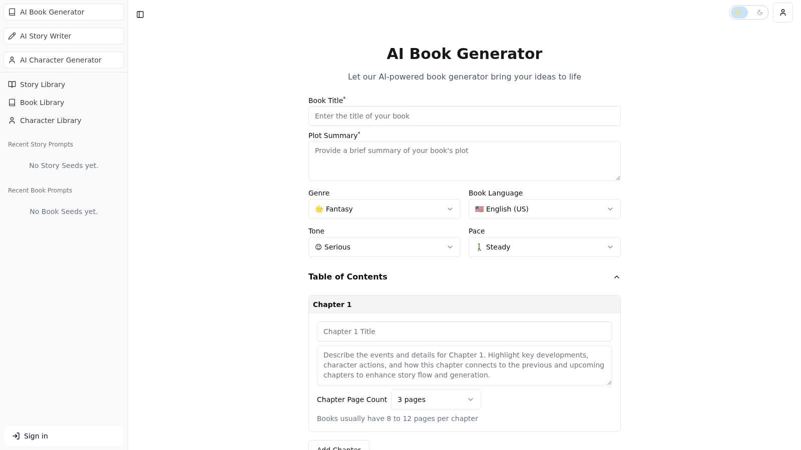 AI Book Generator application interface and features