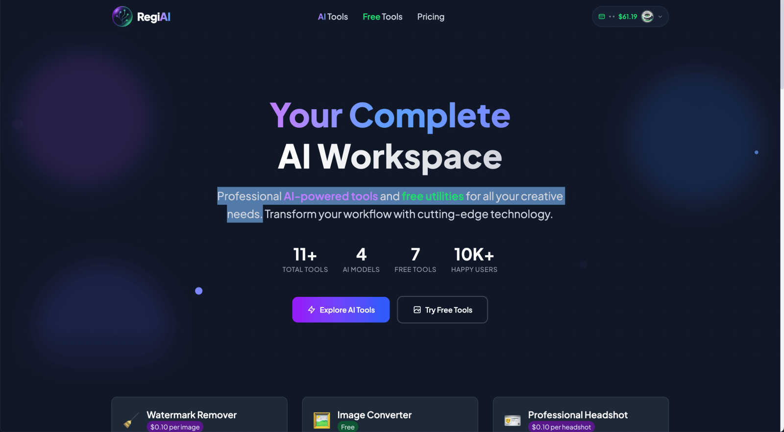 Regi AI application interface and features