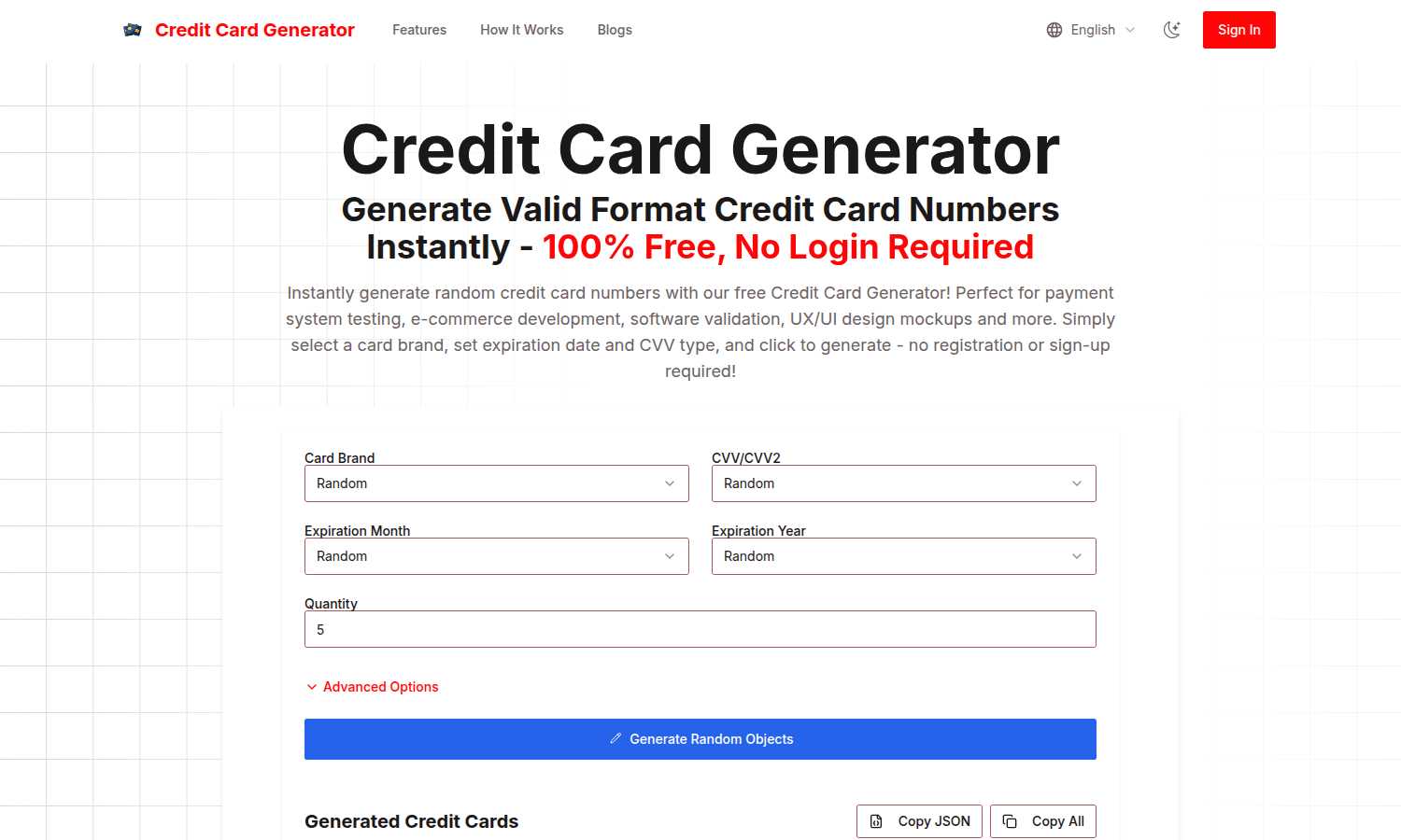 Credit Card Generator application interface and features