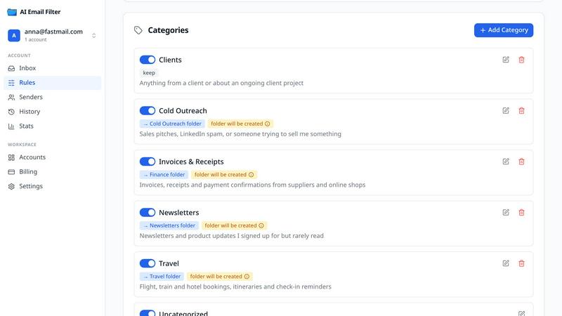 AI Email Filter application interface and features